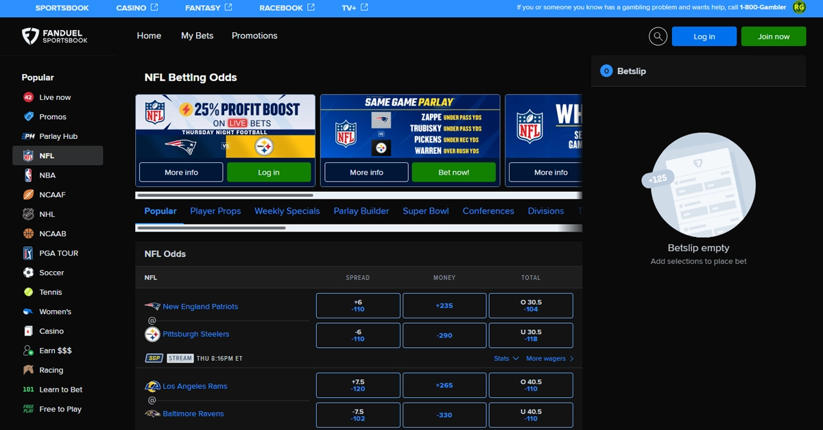 FanDuel NFL Lines Screenshot