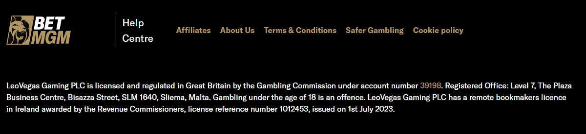 BetMGM UK License at the Bottom of Their Site