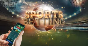 Soccer Ball - Golden Lettering Sports Betting - Stadium - Hand Holding Mobile Making Bets