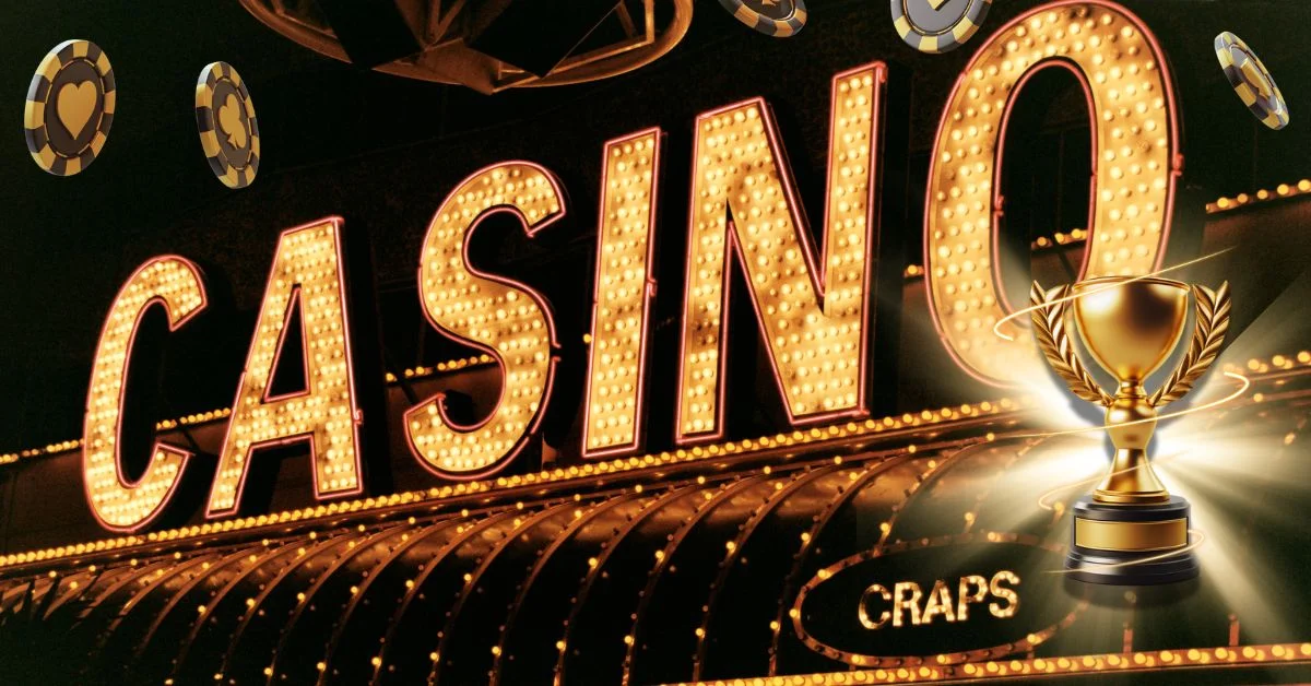 casino sign with trophy and pokerchips
