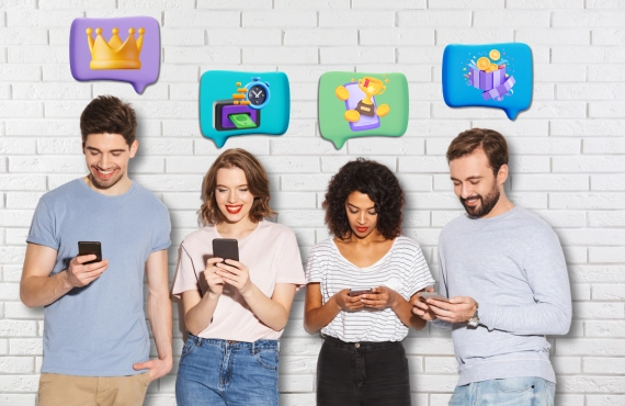 Group of People Looking Happy Holding Their Phones - Speech Bubbles with  Online Casino Loyalty Programs Benefits
