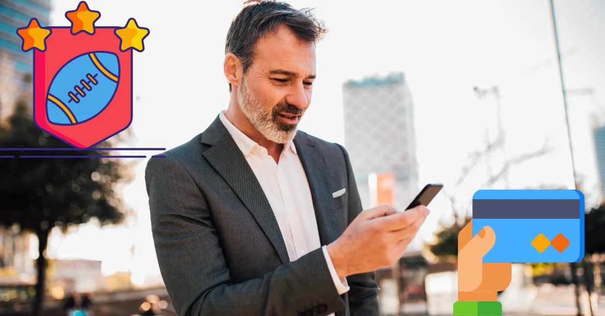 man looking at phone with football and hand holding debit card icon