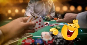 person gambling at casino card table with laughing emoji