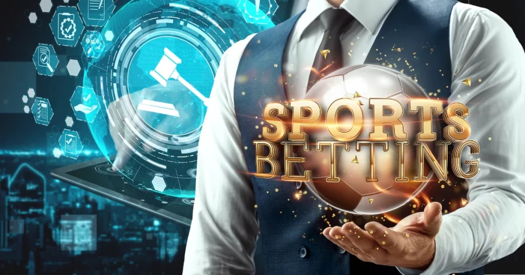 man holding sports betting globe with internet gavel behind him
