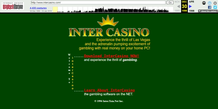 1996 Inter Casino Homepage Screenshot - WayBackMachine