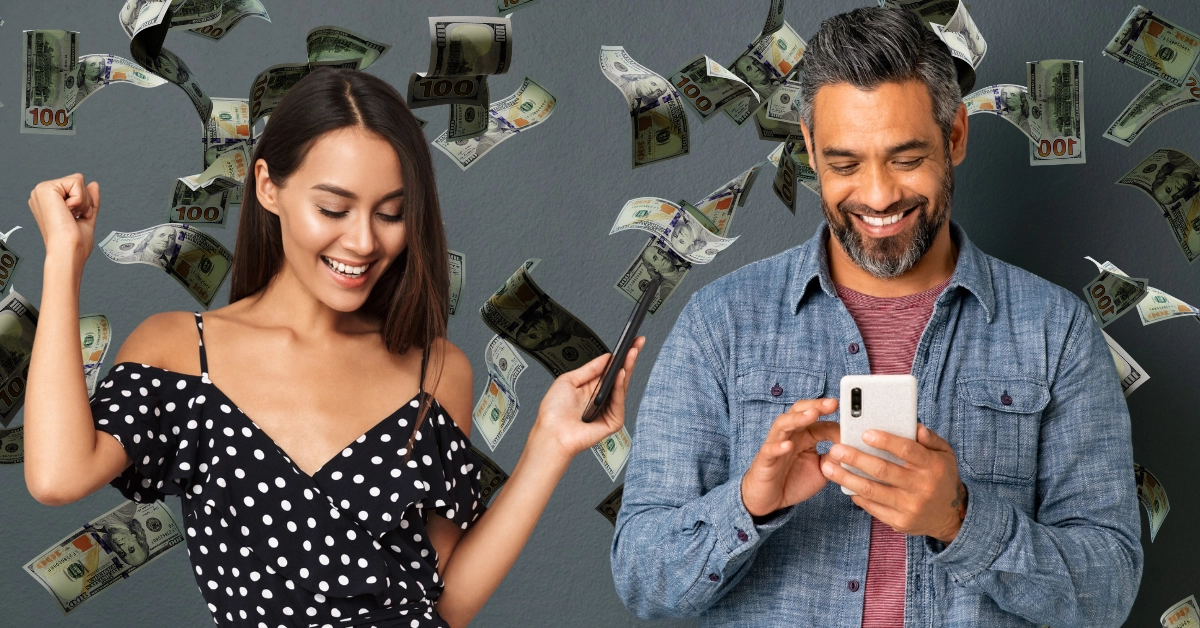 Woman Using Mobile Phone Make Winner Gesture - Man Using Smartphone - Money Rain