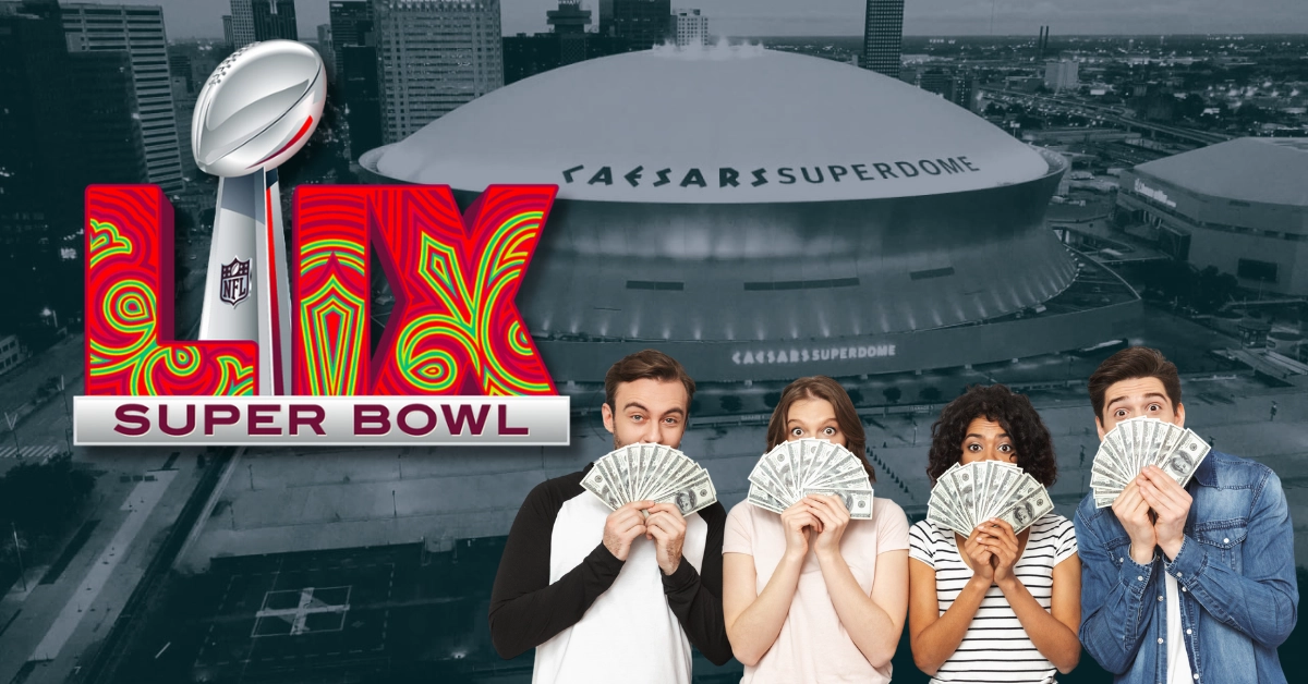 Caesars Superdome Monochromatic - Super Bowl 59 Logo - Group of Friends Holding Money Covering Faces