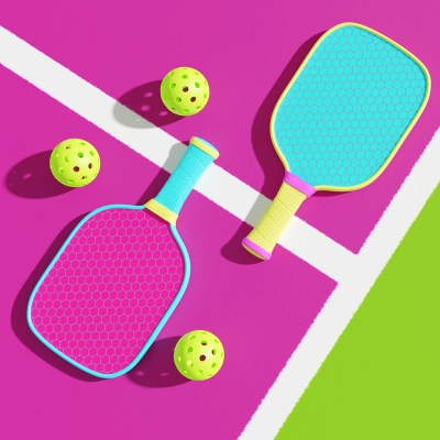 Two Pickleball Rackets and Sports Balls on the Playground 3D Rendering