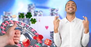 Man Smiling and Crossing Fingers - Hand Flipping a coin - Dice - 3 Shamrocks - Casino Games Background