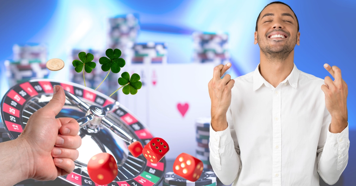 Man Smiling and Crossing Fingers - Hand Flipping a coin - Dice - 3 Shamrocks - Casino Games Background