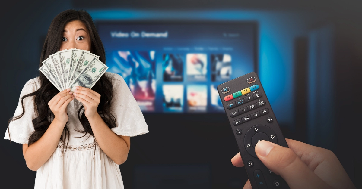 VOD Service Screen with Remote Control in Hand - Woman Holding Money