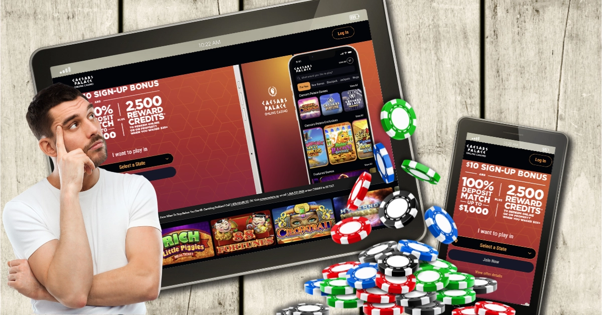 Smartphone and Digital Tablet PC Showing Caesars Palace Online Casino HUB - Man Thinking - Casino Chips