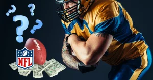 Football OffensivePlayer - NFL Football and Logo Sitting on Piles of Dollars - Question Marks Floating