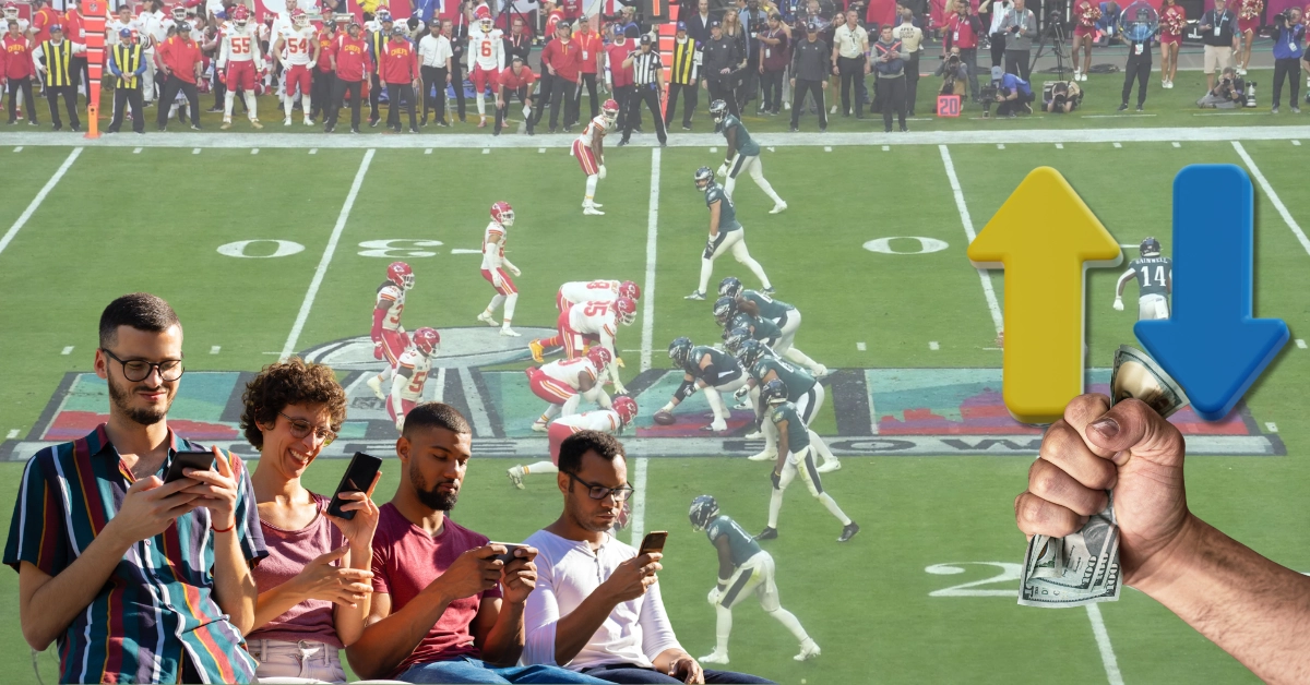 Group of Different People Using Smartphones - Up and Down Arrows - Hand Holding Cash - Super Bowl Game Background