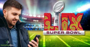 Man Using Smartphone - Football Stadium Background - Super Bowl LIX Logo - GamblingSite.com Logo