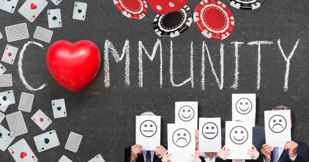 People Holding Pieces of Paper Depicting Their Emotions - Community Word Written on Chalkboard - Cards and Casino Chips