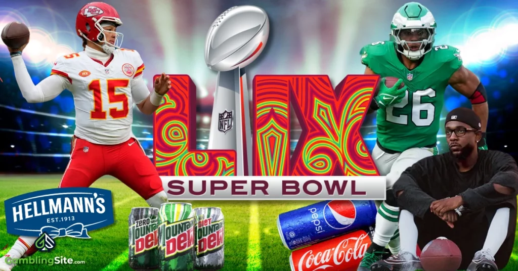 Super Bowl 2025 Prop Bets - GamblingSite.com Logo - Mountain Dew - Coca Cola or Pepsi - Hellmann's Logo - Saquon Barkley - Patrick Mahomes - Kendric