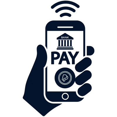 hand holding phone with paypal icon and bank icon