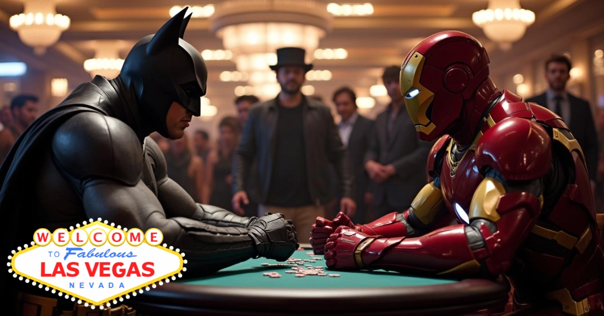 Batman vs Ironman at a Casino Table - Las Vegas Welcome Sign Illustration