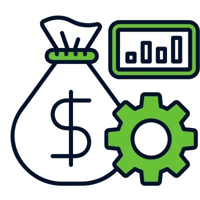 gear next to money bag and bar graph